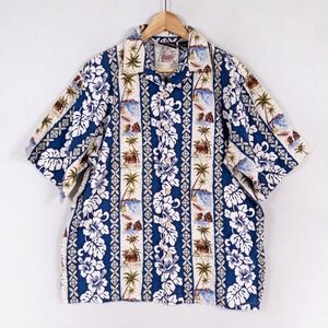 ODO Shirt Mens Large Blue Tropical Hibiscus Palms Hawaiian Barkcloth Beach Aloha
